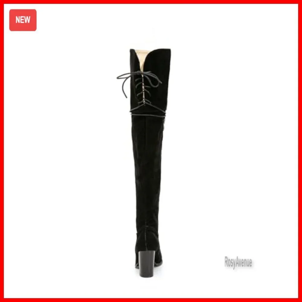 Women's Over The Knee Boots Stretch Suede Chunky Heel Side Zipper Lace Up